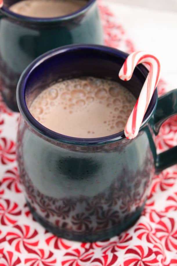 Peppermint Hot Cocoa in a mug with a mini candy cane on top