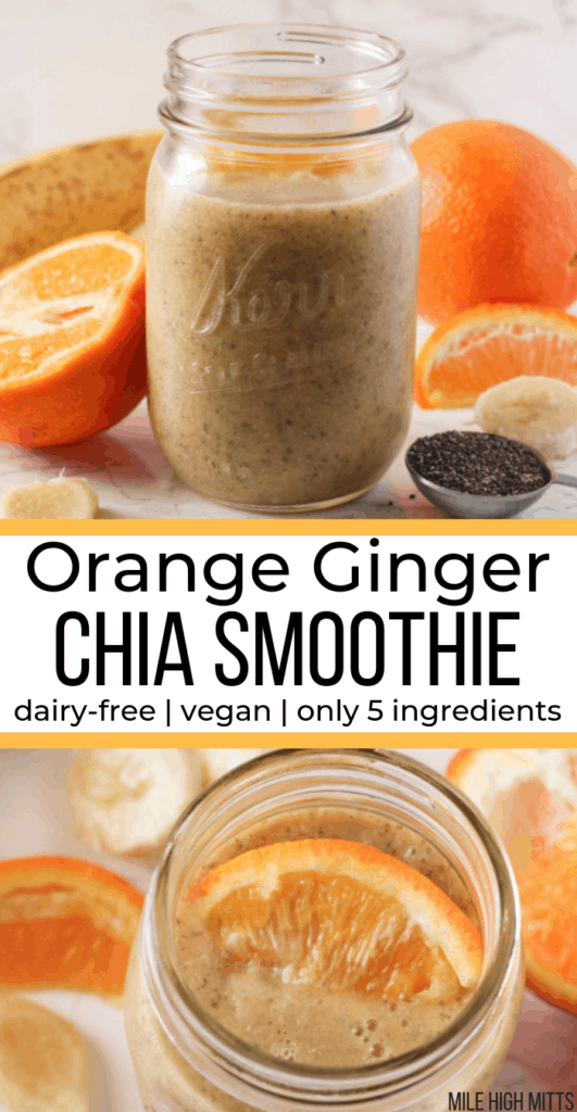 Orange Ginger Chia Smoothie in a mason jar with oranges, ginger and chia seeds around