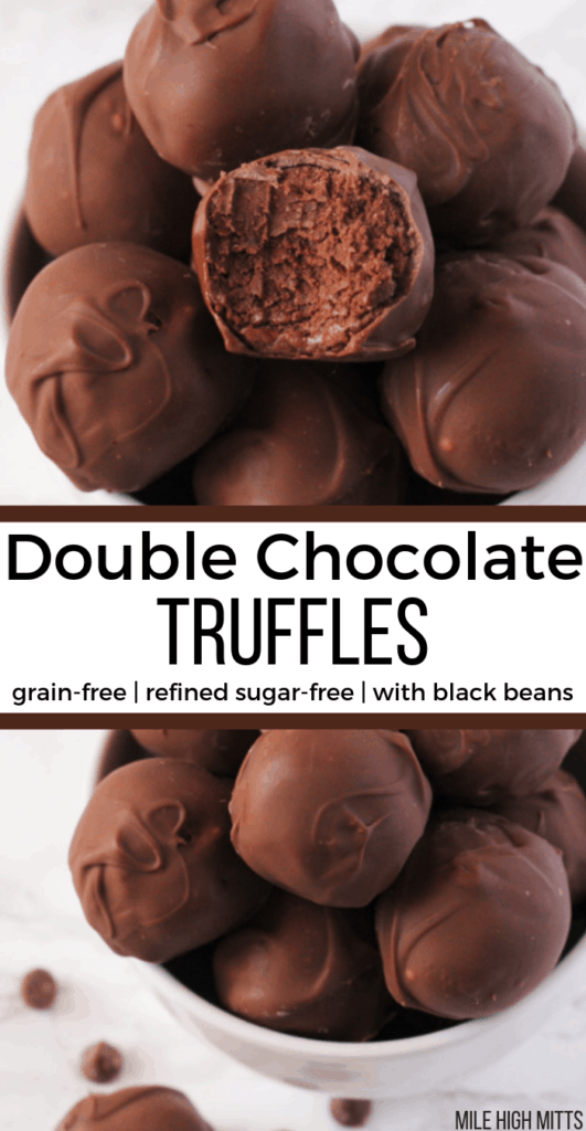 Double Chocolate Truffles in a bowl, with one with a bite taken out of it
