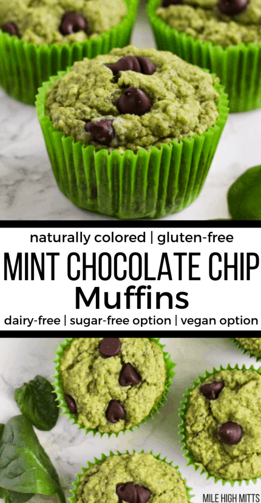Mint Chocolate Chip Oat Muffins with green liners on a counter with spinach sprinkled around