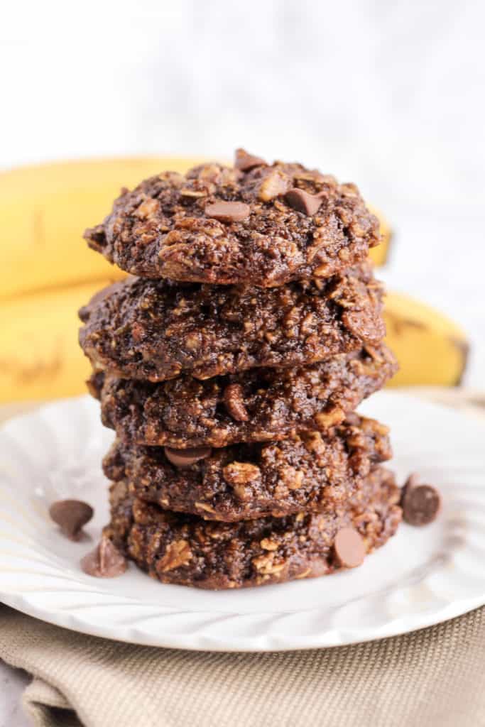 a stack of five Chocolate Banana Breakfast Cookies on a plate
