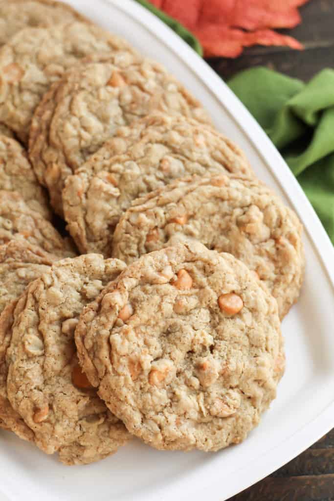 Oatmeal Scotchies on a tray, with one up front and close