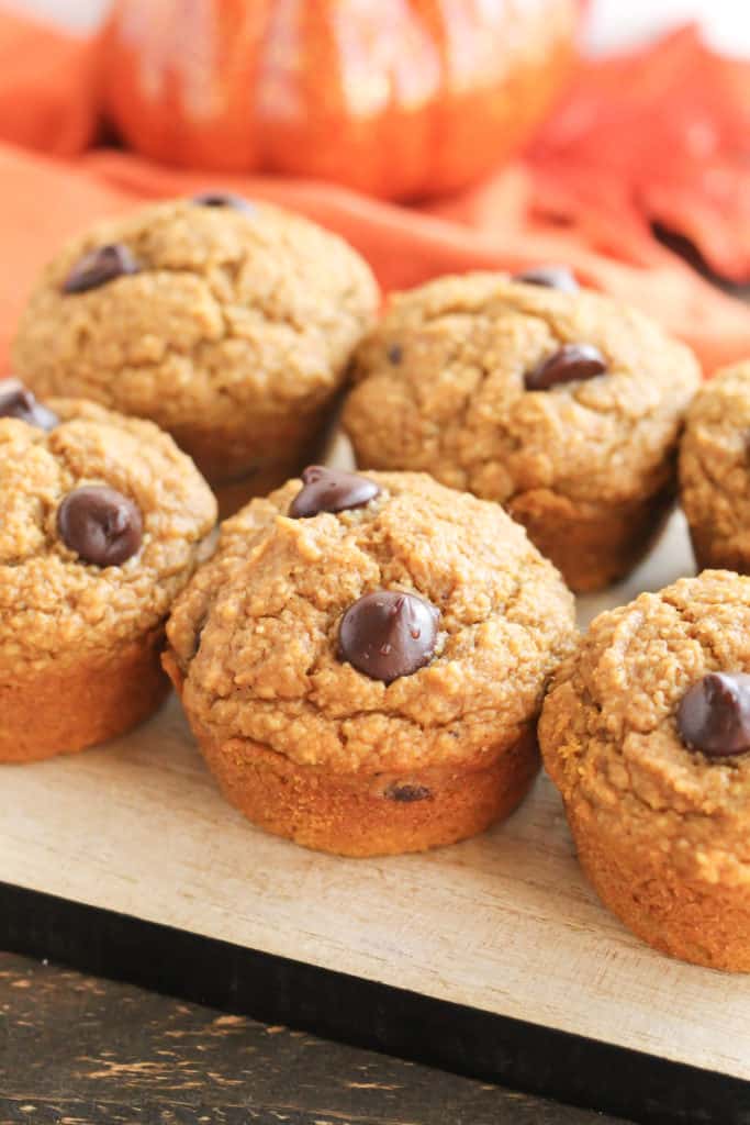 a tray with six Pumpkin Chocolate Chip Oat Muffins