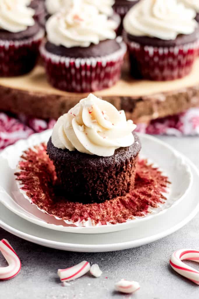 A Chocolate Peppermint Cupcake on two plates up close