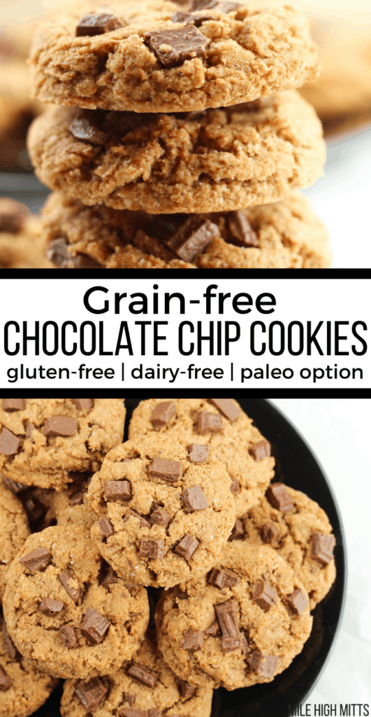 Grain-free Chocolate Chip Cookies on a plate and a stack of cookies from the side