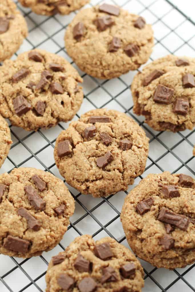 Grain-free Chocolate Chip Cookies on a cooling rack
