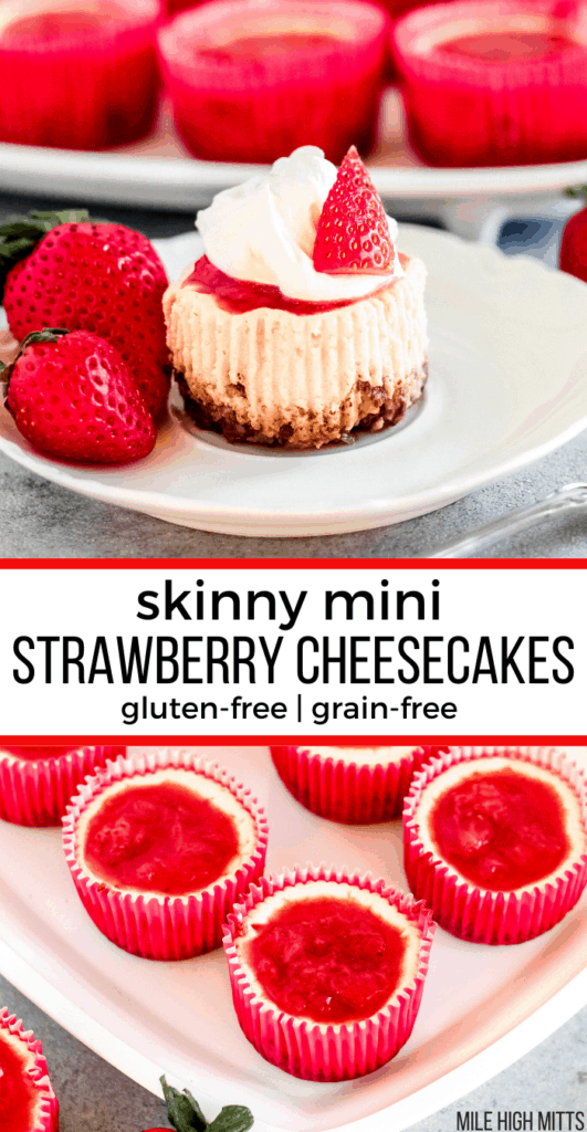 Skinny Mini Strawberry Cheesecakes on a tray with one on a plate with cool whip on top