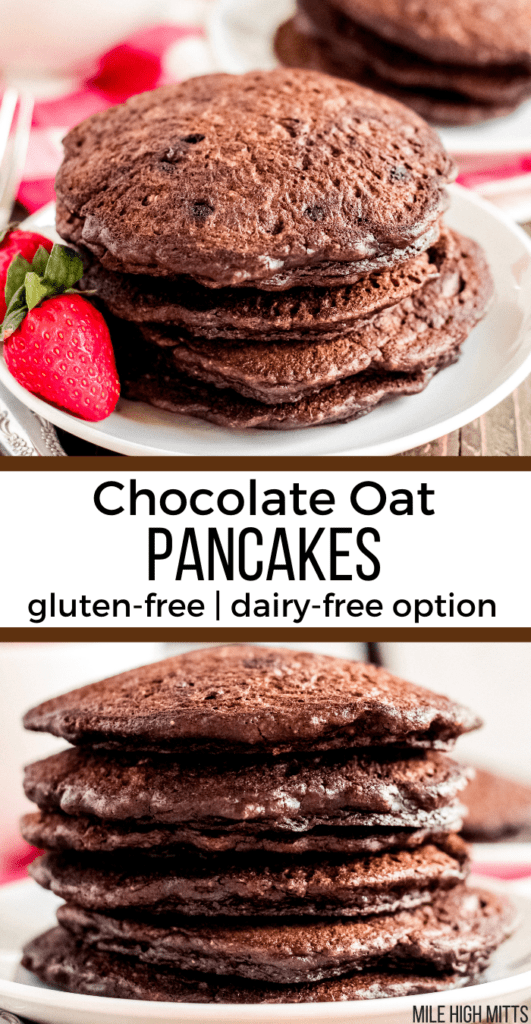 a stack of Chocolate Oat Pancakes on a plate, with strawberries on the side.