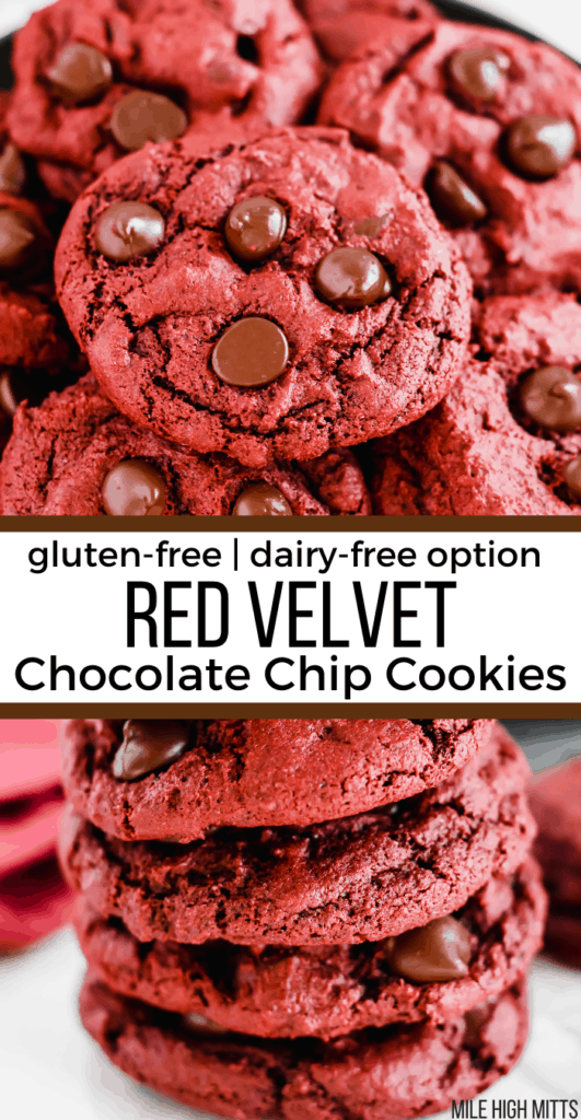 Red Velvet Chocolate Chip Cookies with a close up of one and a stack of other cookies.
