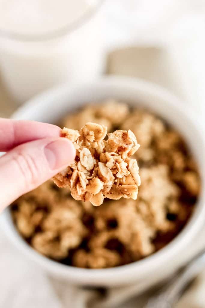 an up close view of one piece of vanilla granola, with a bowl behind.