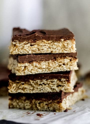 Close up of a stack of bars with chocolate and oatmeal