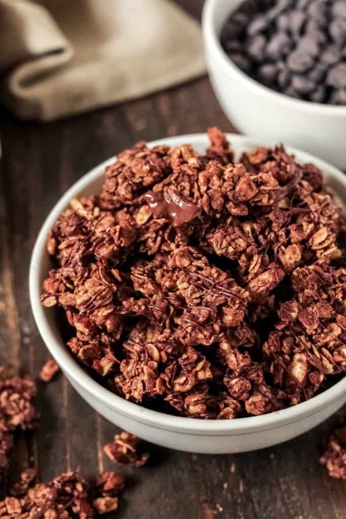 Top down view of a bowl of chocolate granola
