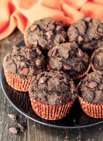A close up of a chocolate muffins on a plate