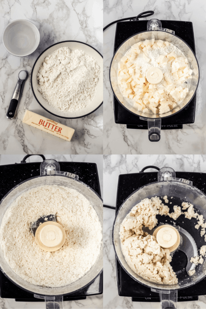 Process pictures of a food processor making pie crust