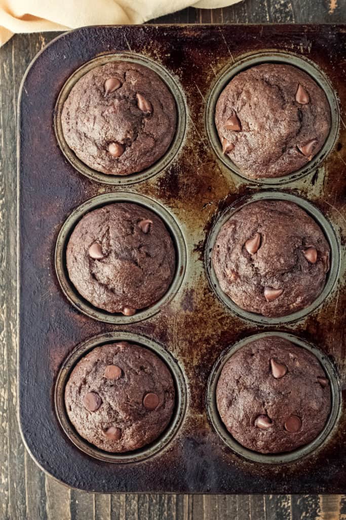 Muffin tin filled with chocolate muffins