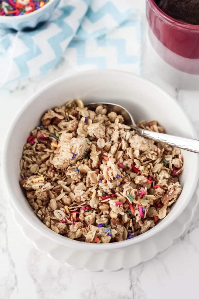 Bowl of granola with a spoon