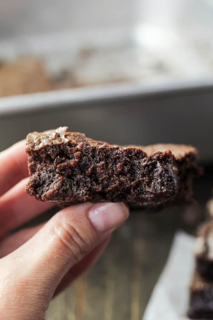 A hand holding up one brownie