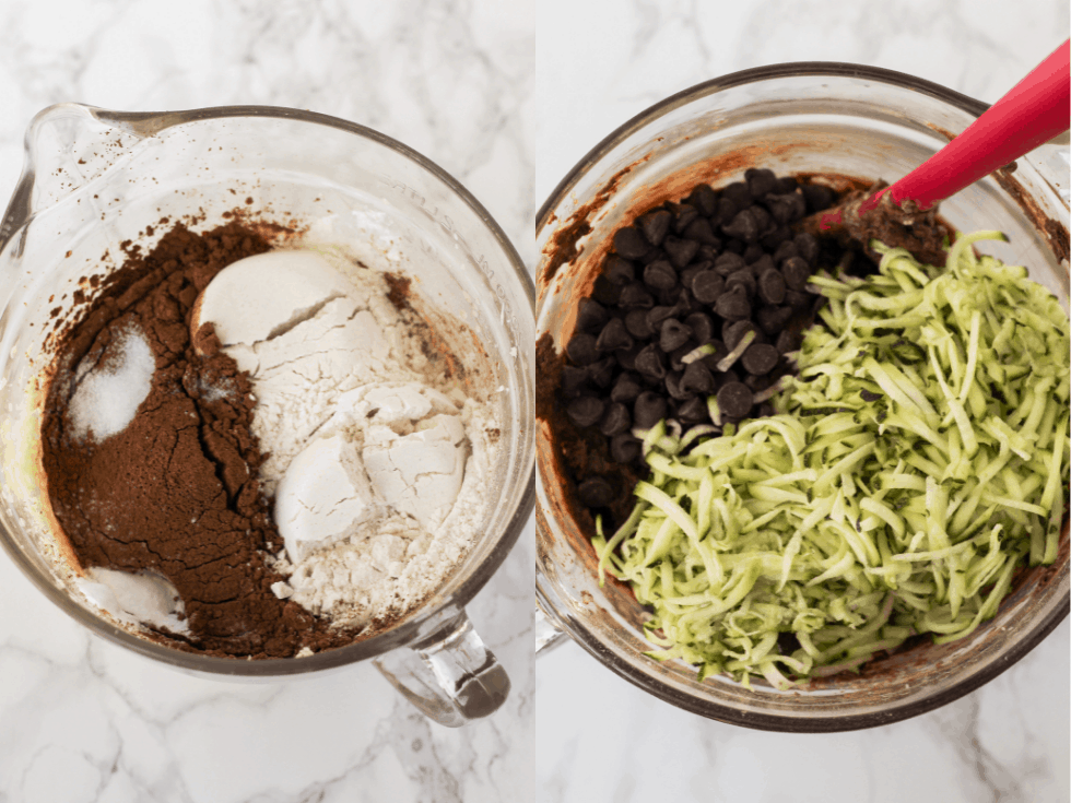 Bowls with flour, cocoa powder, chocolate chips and shreddded zucchini