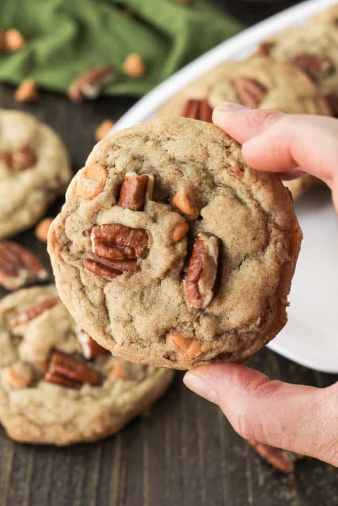 One cookie held by a hand, close up