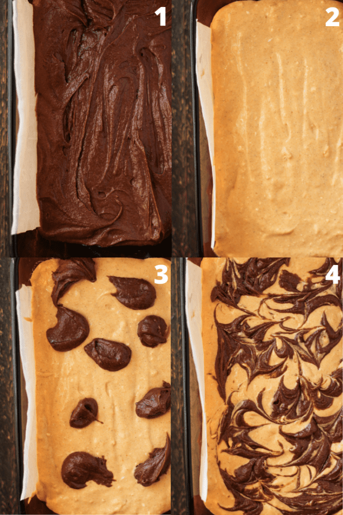 Pictures of layering the brownie and cheesecake batters