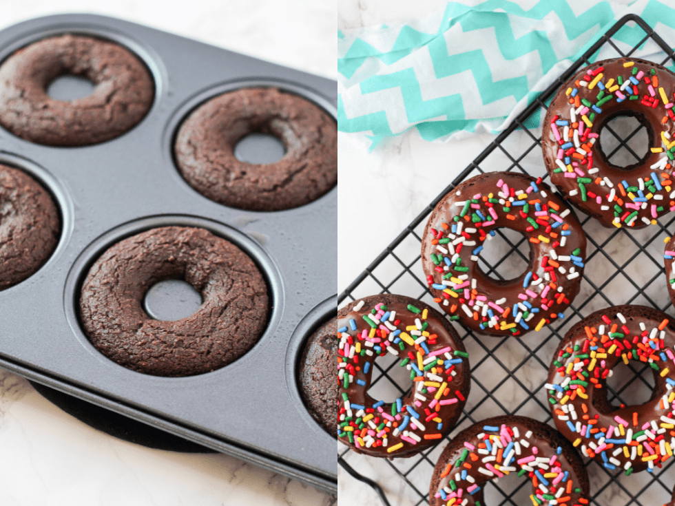 Chocolate donuts in a baking pan and on a cooling rack