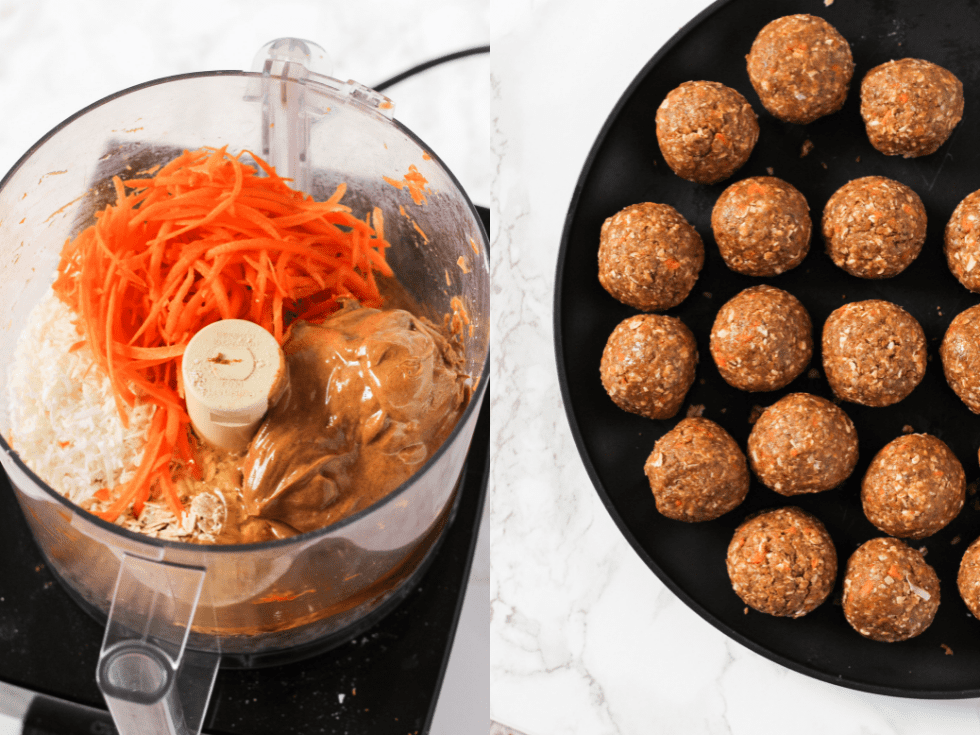 Snack ball ingredients in a food processor, and rolled into balls on a plate.