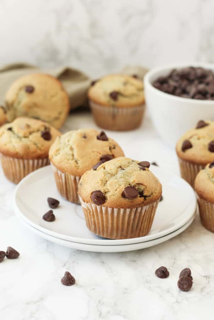 Two muffins on a plate with chocolate chips scattered around.