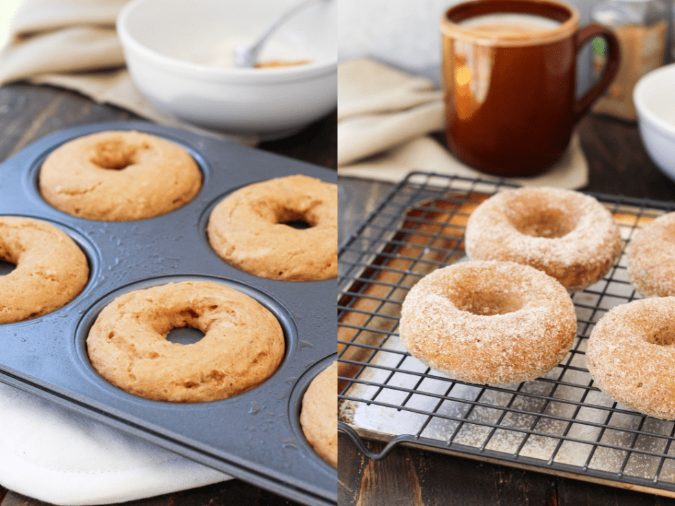 Donuts in a pan and on a cooling rack.