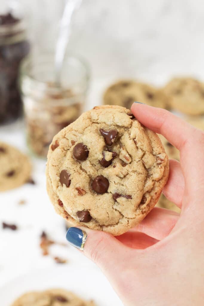 Close up of one cookie in a hand, with chocolate chips and pecans.