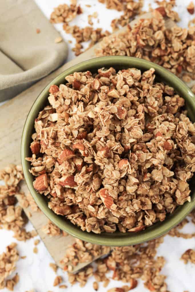 Up close picture of granola in a bowl.